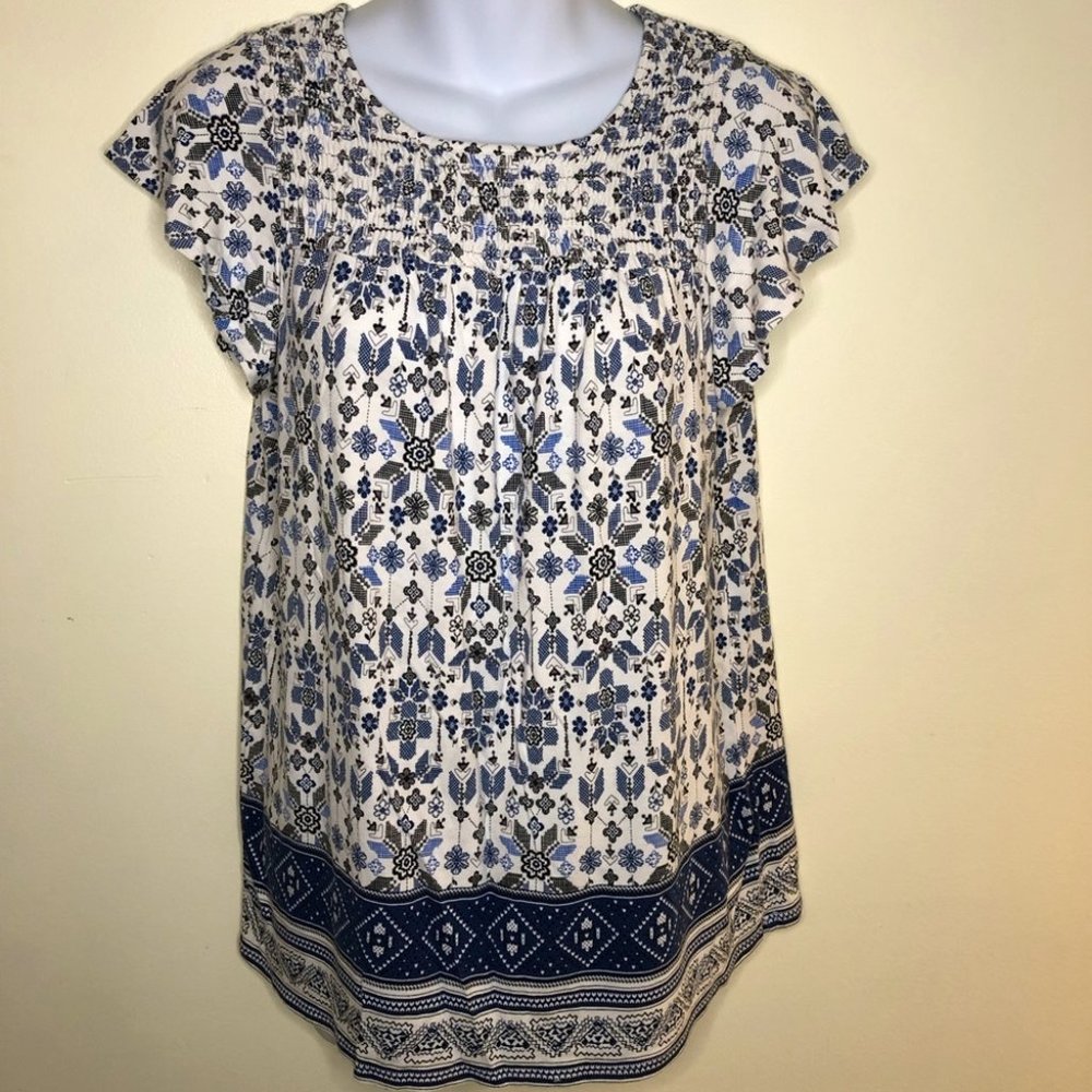 Bohemian smocked yoke flowy fit floral delft blue size M